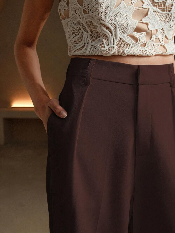 High Waist Wide Leg Trousers With Pleats And Zipper