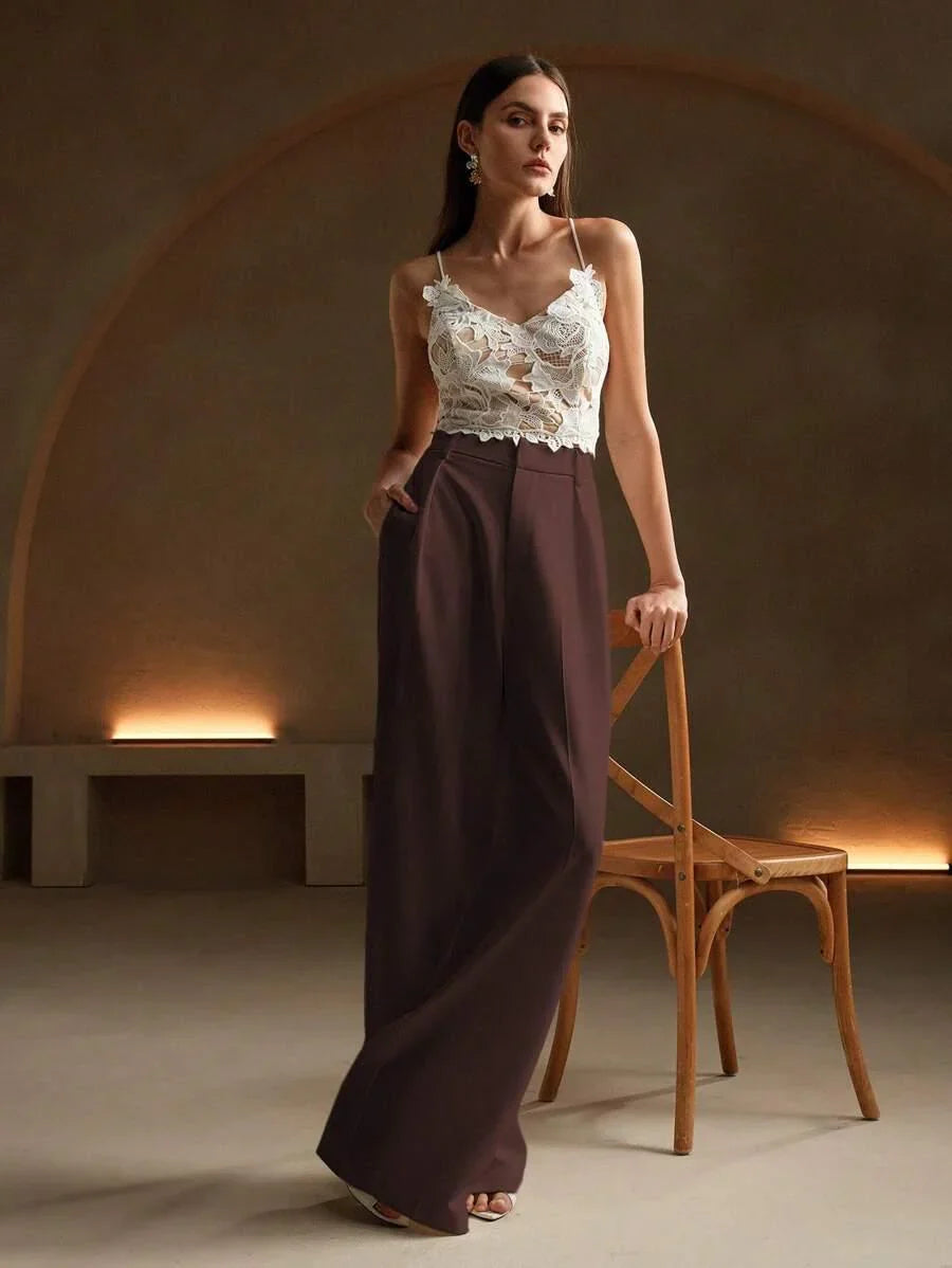 High Waist Wide Leg Trousers With Pleats And Zipper
