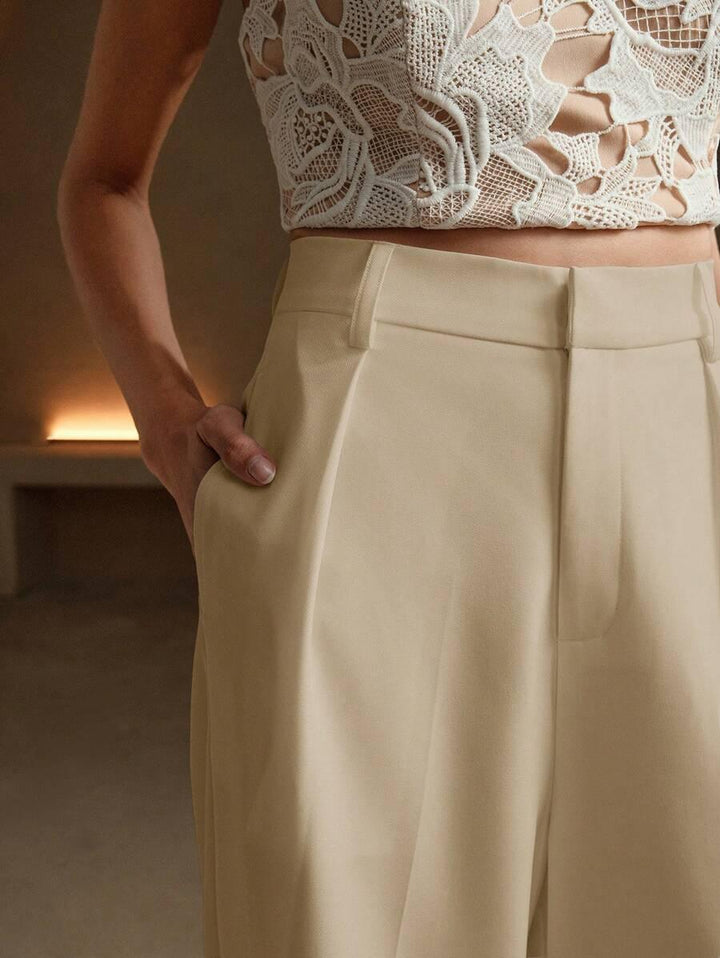 High Waist Wide Leg Trousers With Pleats And Zipper
