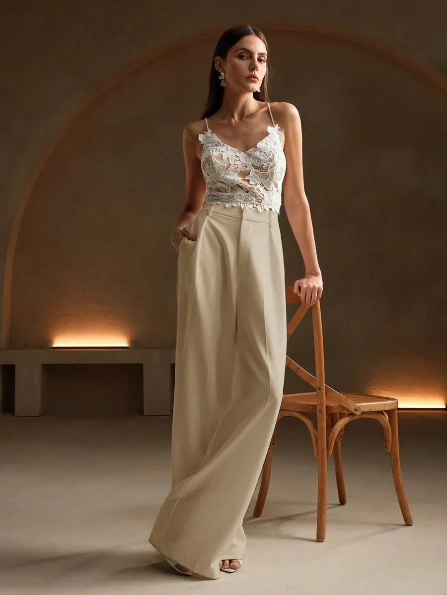 High Waist Wide Leg Trousers With Pleats And Zipper
