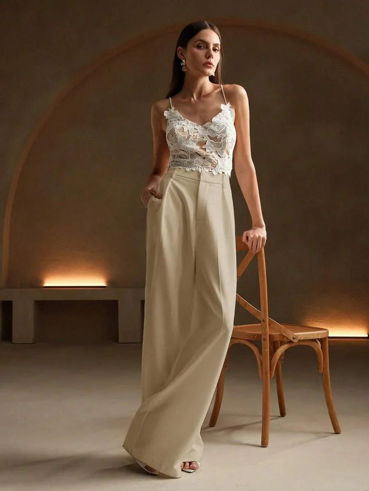 High Waist Wide Leg Trousers With Pleats And Zipper