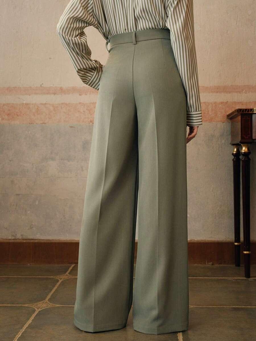 High Waist Wide Leg Trousers With Pleats And Zipper