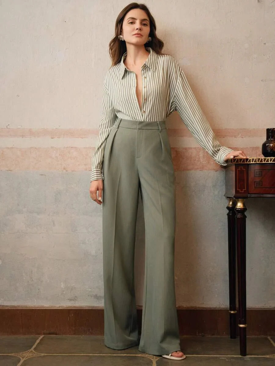 High Waist Wide Leg Trousers With Pleats And Zipper
