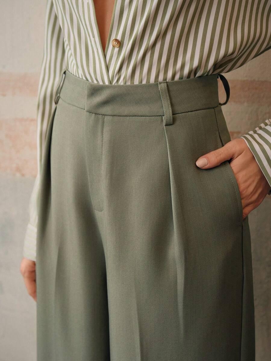 High Waist Wide Leg Trousers With Pleats And Zipper