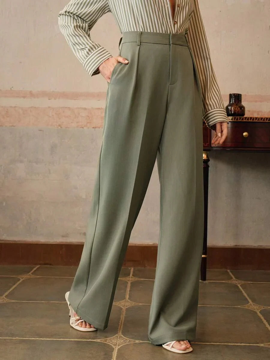 High Waist Wide Leg Trousers With Pleats And Zipper