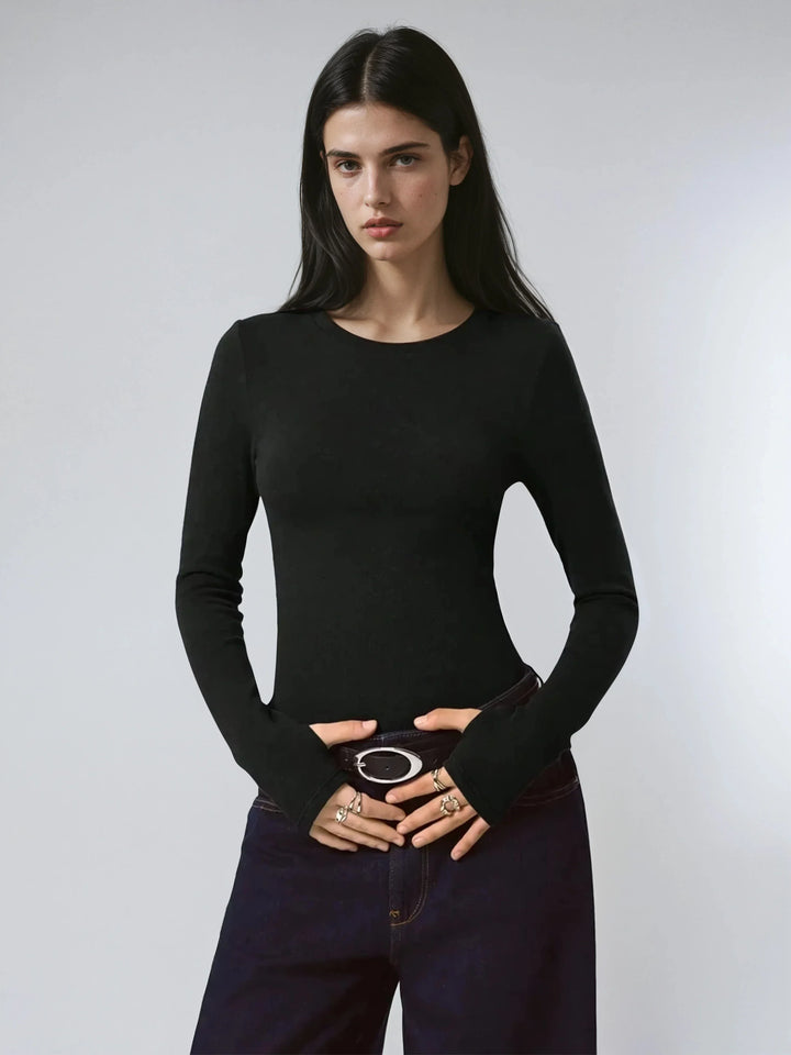 Solid Color Long Sleeve Tee Fitted Casual Round Neck