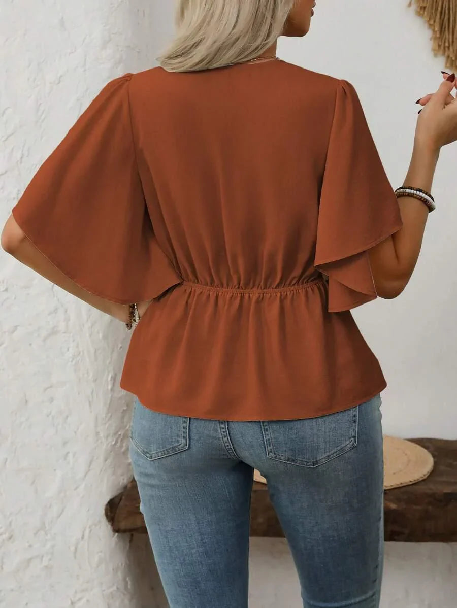 Plus Size Elegant V Neck Button Front Blouse Flared Sleeves