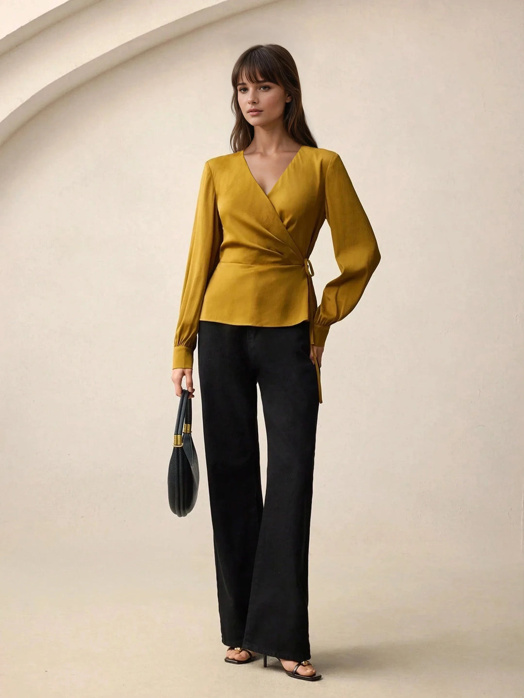 Satin Blouse With Tie Waist Peplum V Neck Long Sleeve