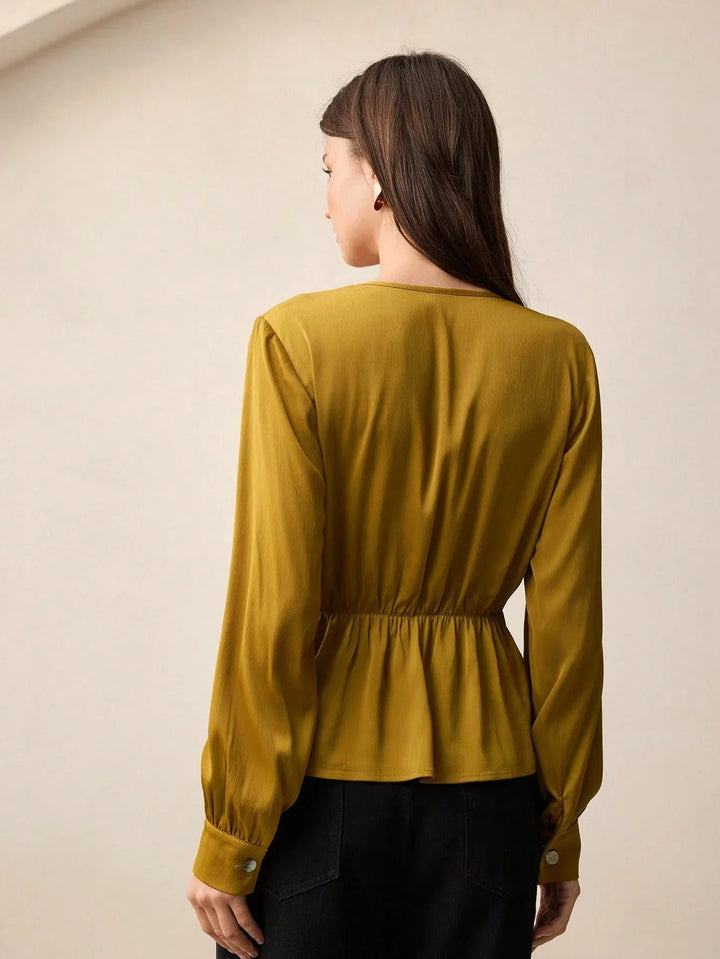 Satin Blouse With Tie Waist Peplum V Neck Long Sleeve