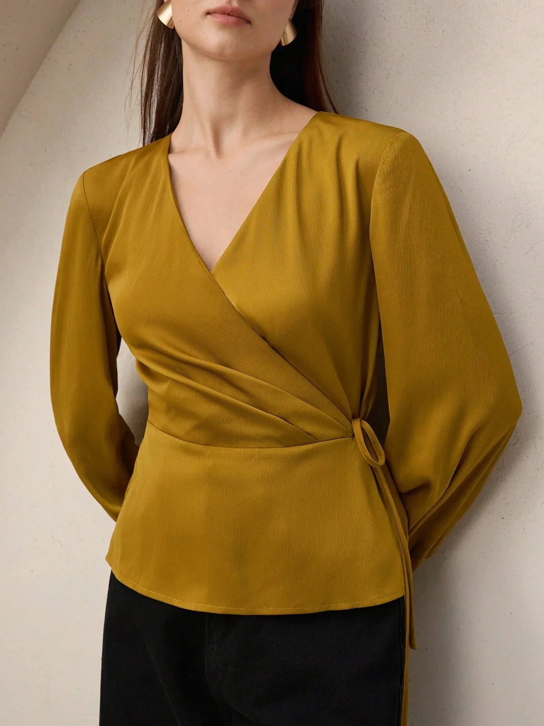 Satin Blouse With Tie Waist Peplum V Neck Long Sleeve