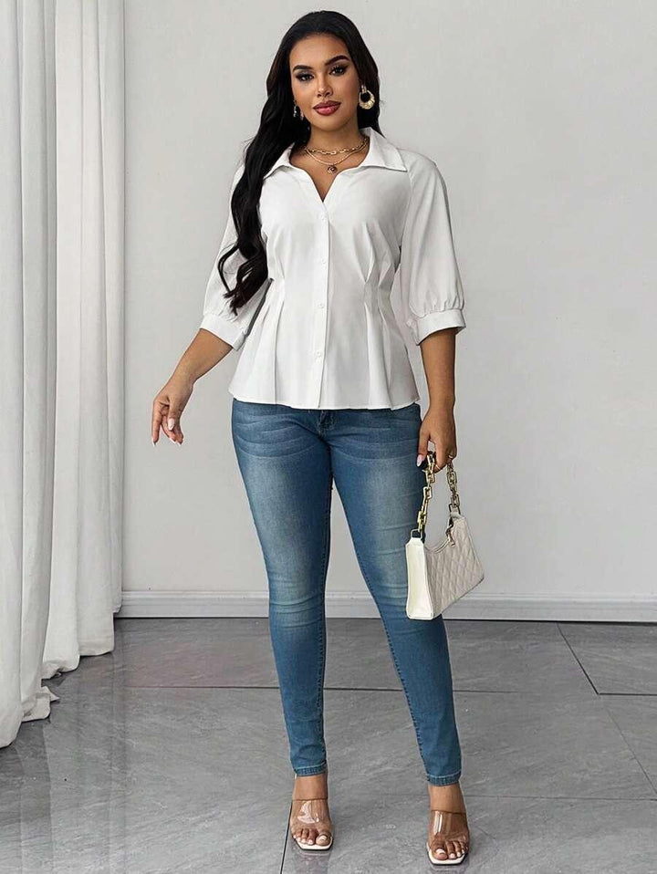 Plus Size Collared Blouse With Ruched Waist Elegant Fit