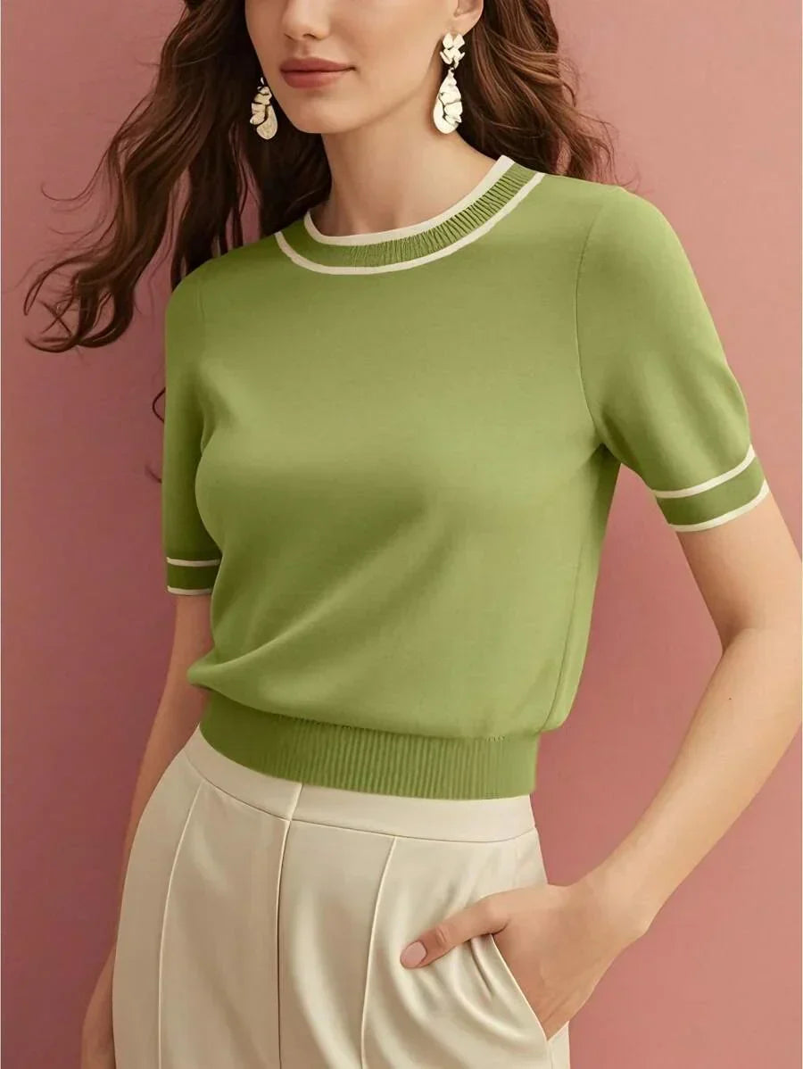 Knit Top With Contrast Trim Short Sleeves Modern Fit