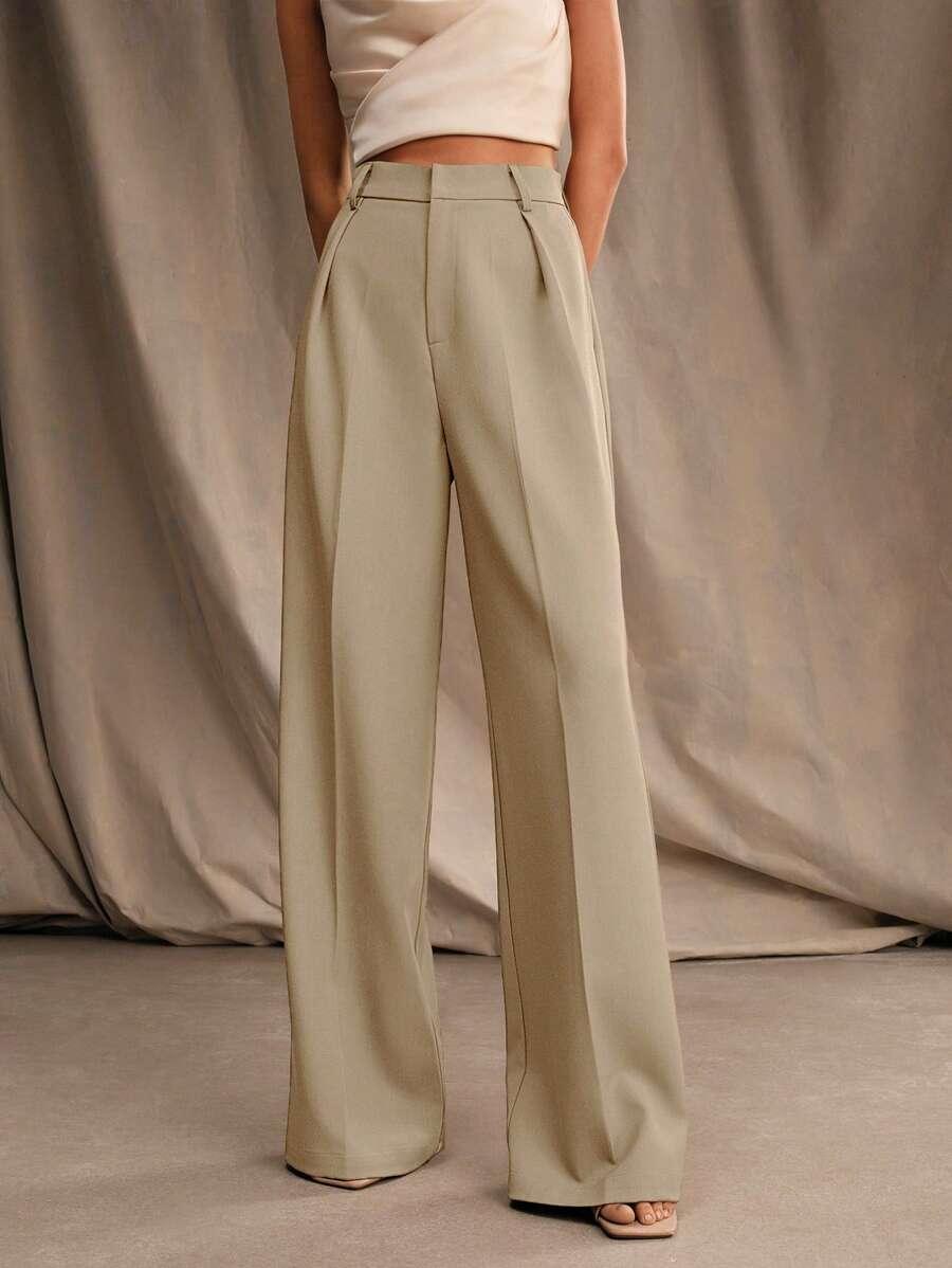 High Waist Wide Leg Trousers With Pleats And Zipper