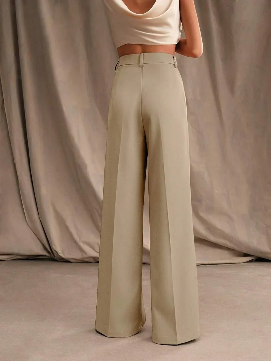 High Waist Wide Leg Trousers With Pleats And Zipper