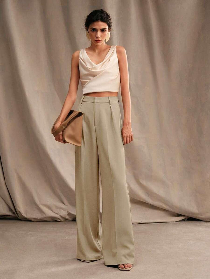 High Waist Wide Leg Trousers With Pleats And Zipper