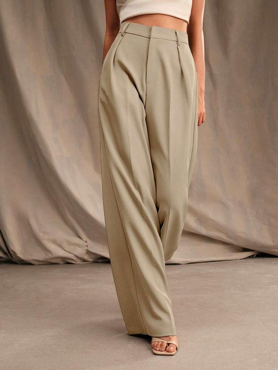 High Waist Wide Leg Trousers With Pleats And Zipper