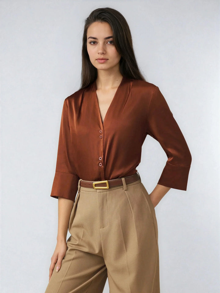 Satin V Neck Top Three Quarter Sleeves Casual Style
