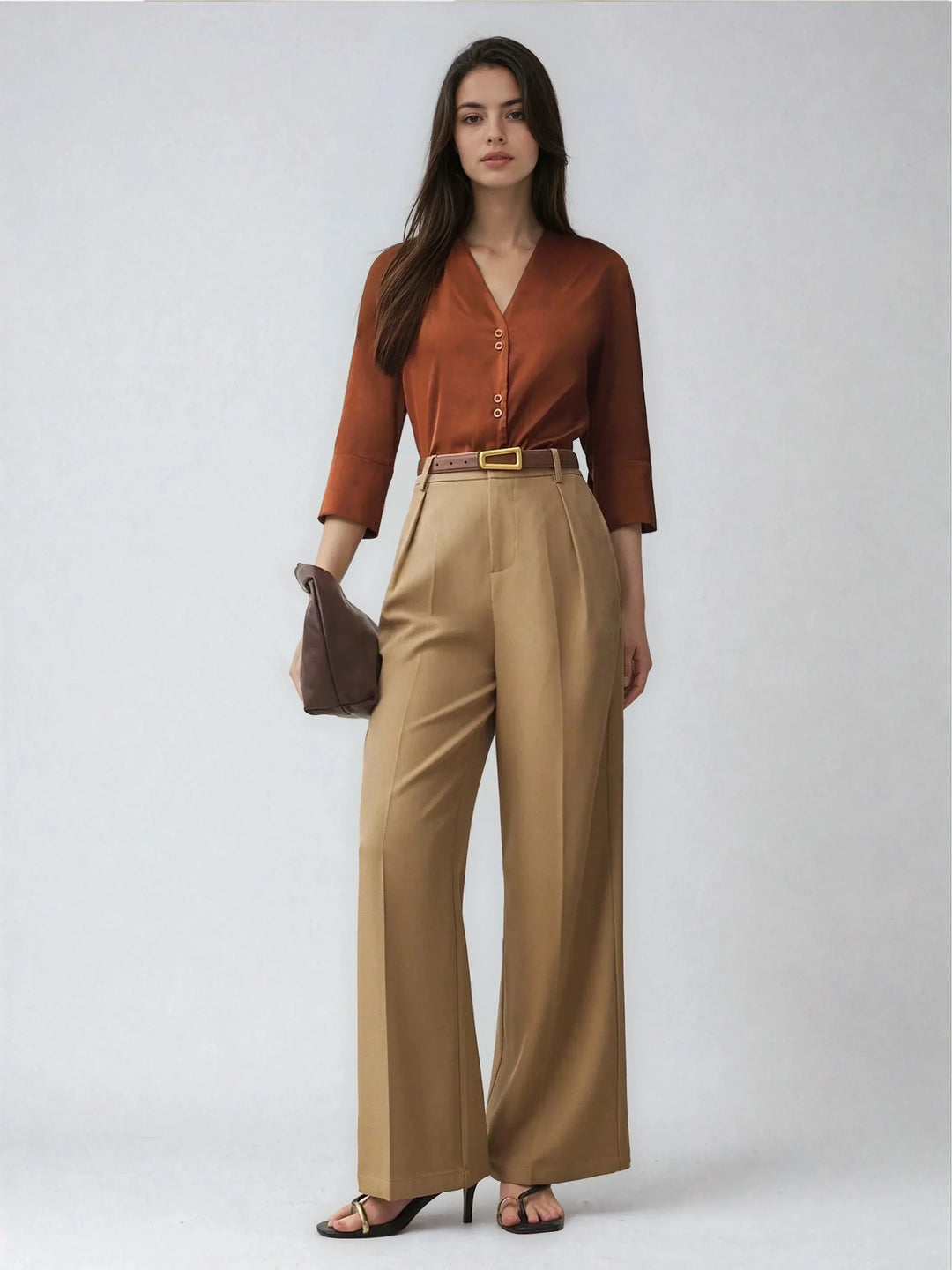 Satin V Neck Top Three Quarter Sleeves Casual Style