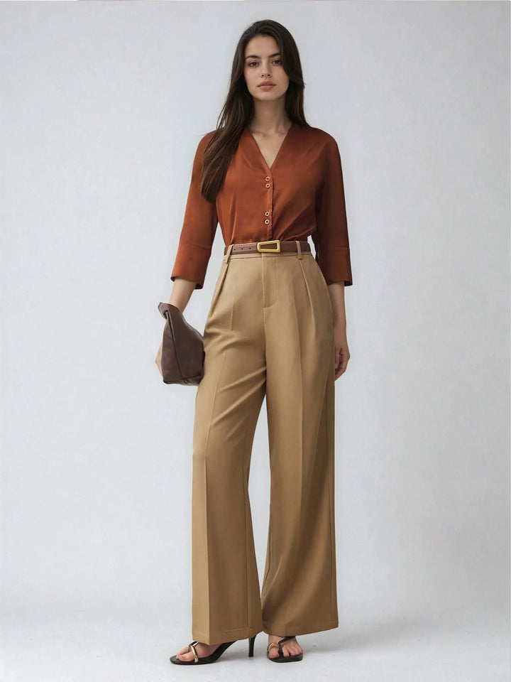Satin V Neck Top Three Quarter Sleeves Casual Style