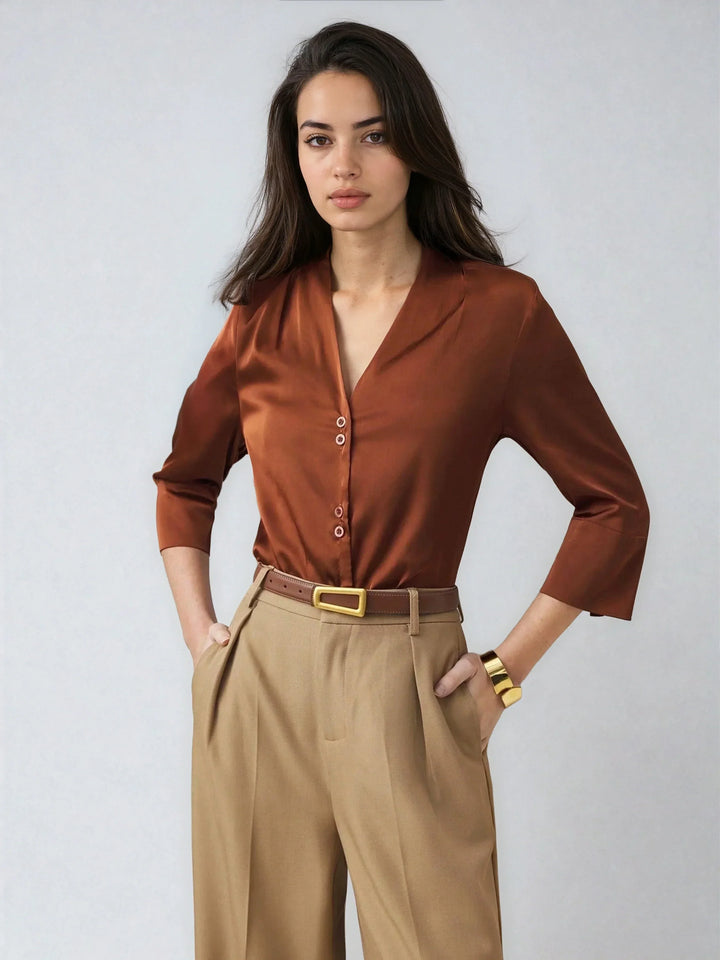 Satin V Neck Top Three Quarter Sleeves Casual Style