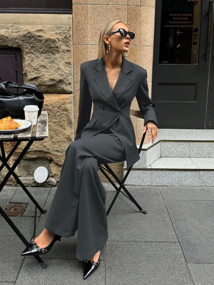Notched Collar Jacket And Pants Office Suit Coffee Brown