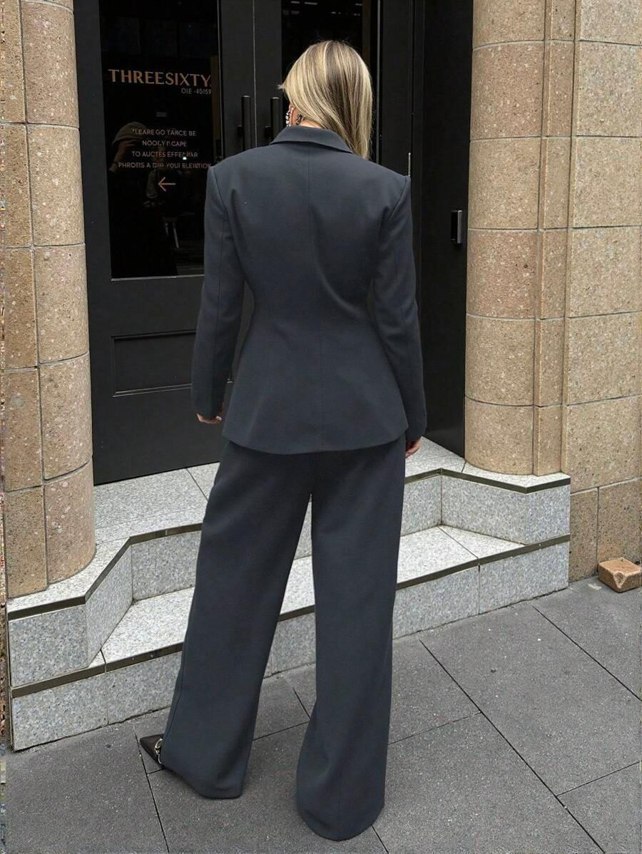 Notched Collar Jacket And Pants Office Suit Coffee Brown