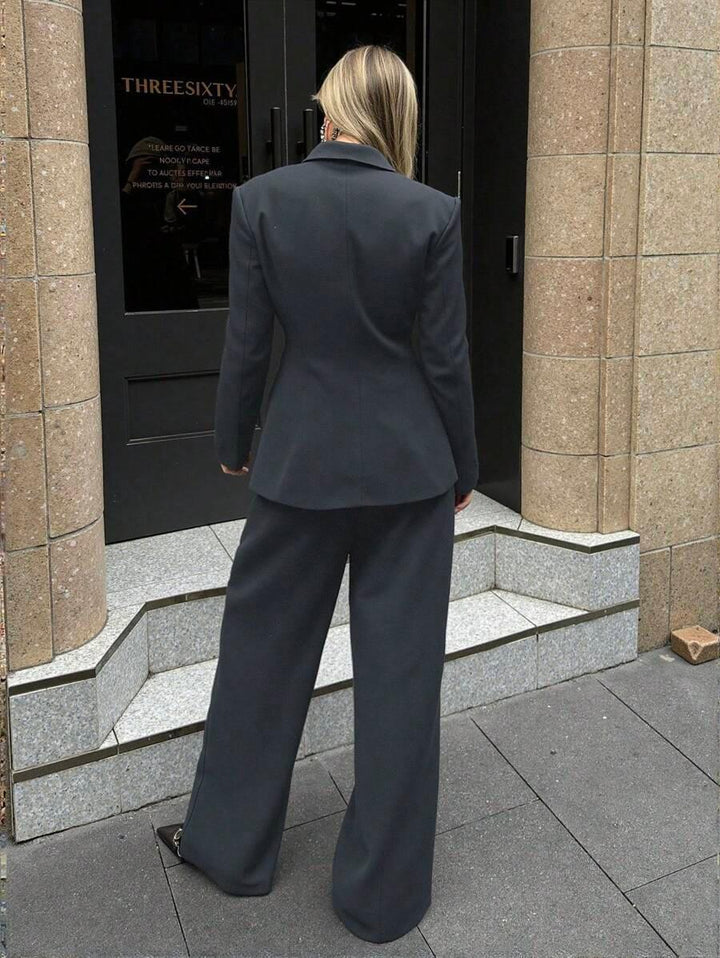 Notched Collar Jacket And Pants Office Suit Coffee Brown