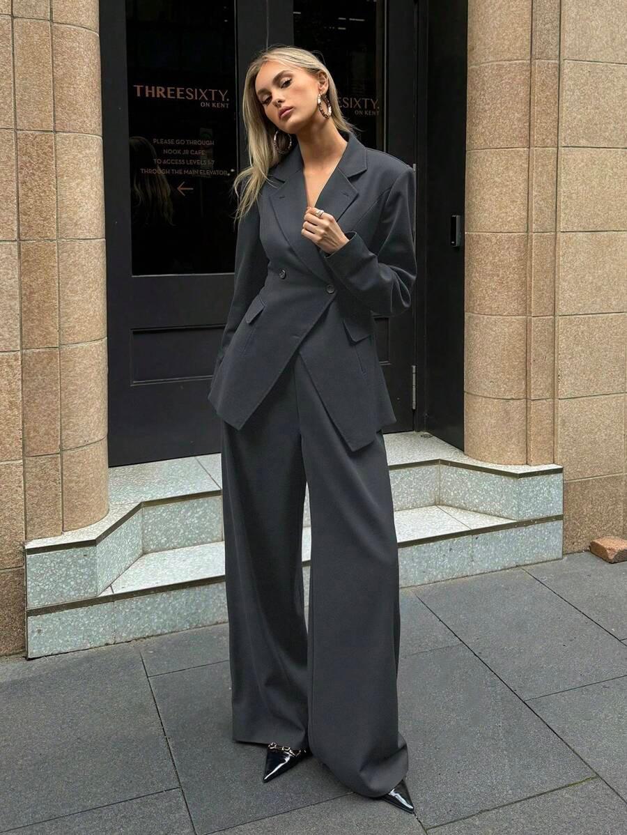 Notched Collar Jacket And Pants Office Suit Coffee Brown