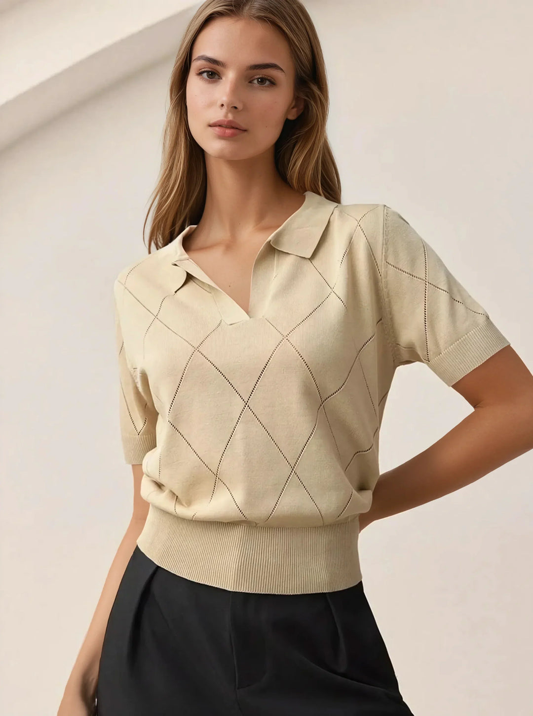Polo Collar Diamond Knit Top Office Ready Essential
