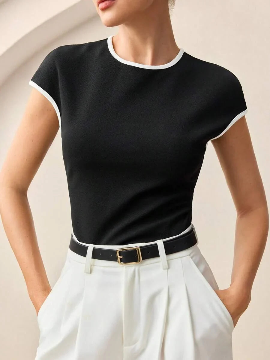 Contrast Trim Round Neck Short Sleeve Tee All Day Comfort