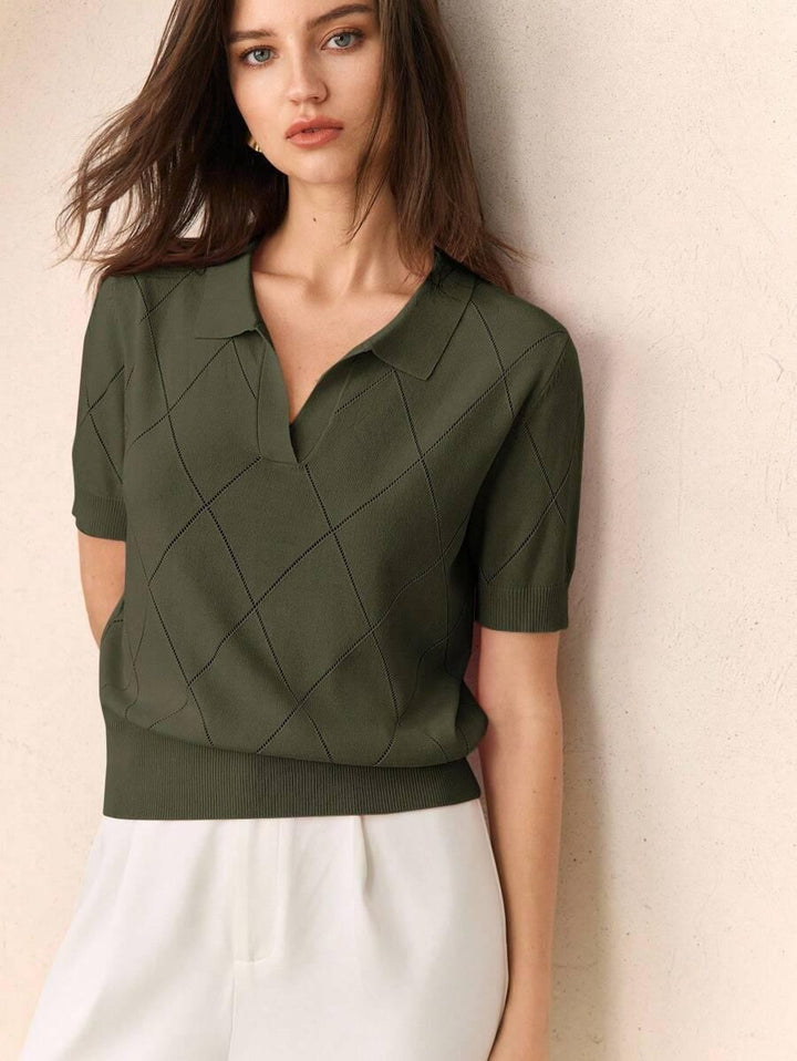 Diamond Knit Polo Collar Short Sleeve Pullover Soft Casual