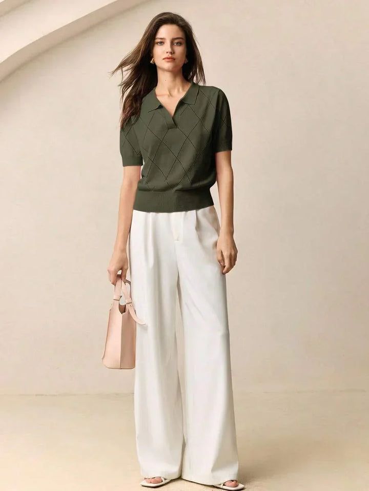 Diamond Knit Polo Collar Short Sleeve Pullover Soft Casual