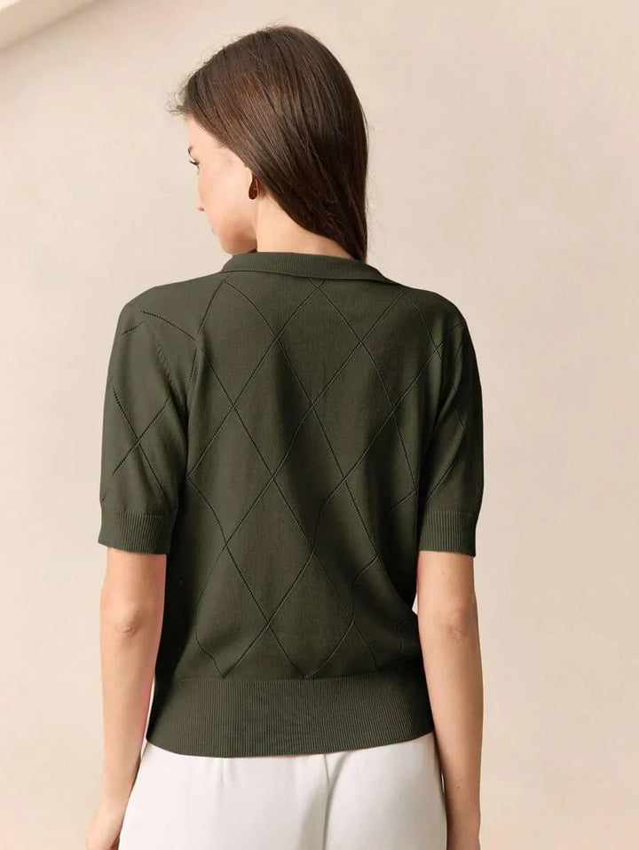 Diamond Knit Polo Collar Short Sleeve Pullover Soft Casual