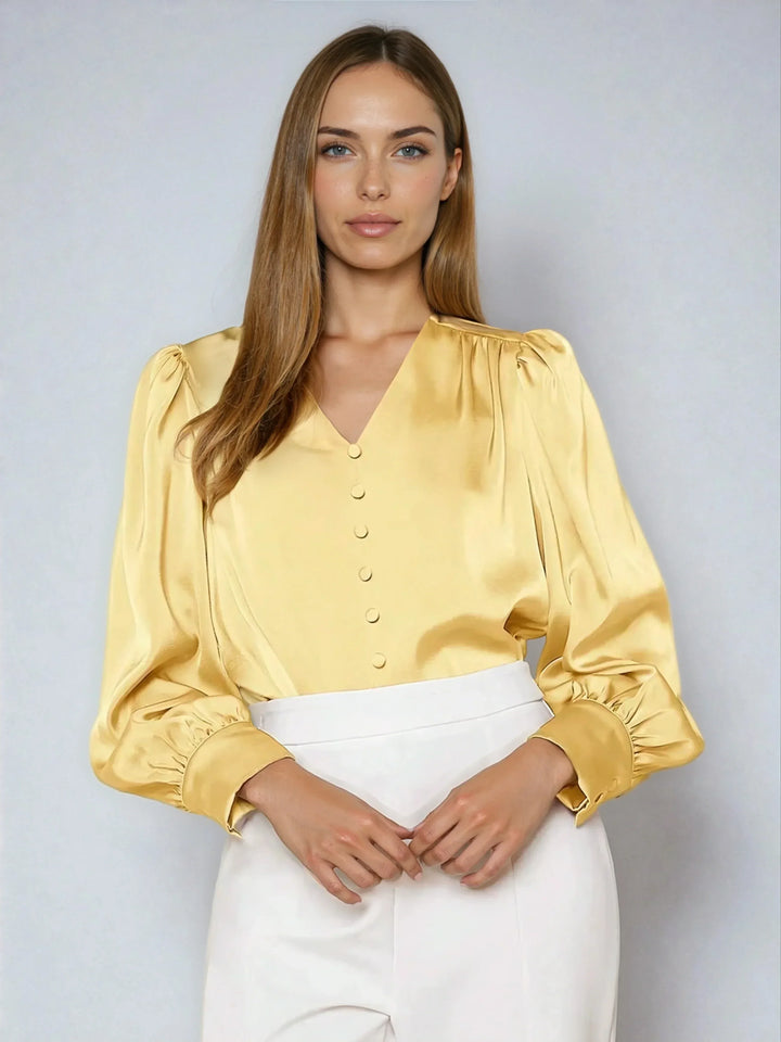Satin V Neck Bubble Sleeve Blouse For Elegant Style