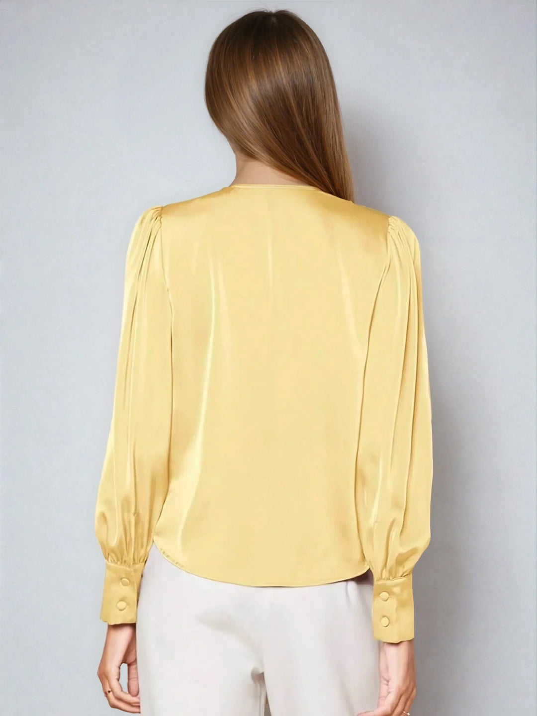 Satin V Neck Bubble Sleeve Blouse For Elegant Style