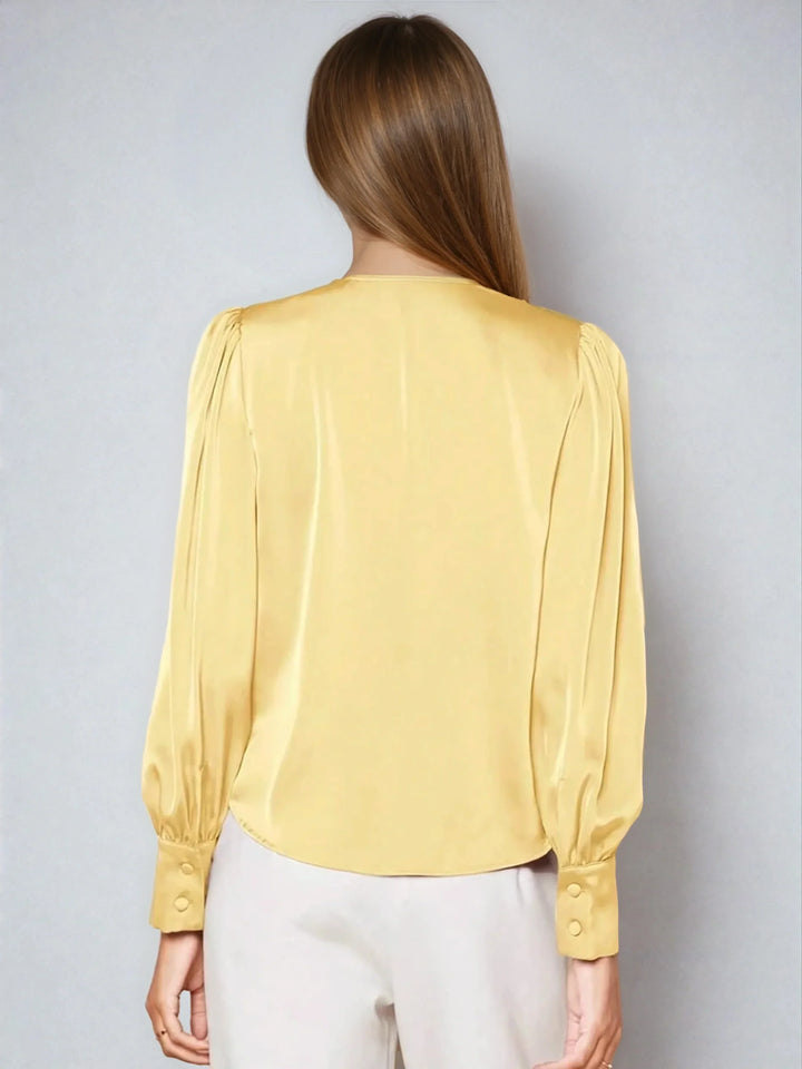 Satin V Neck Bubble Sleeve Blouse For Elegant Style