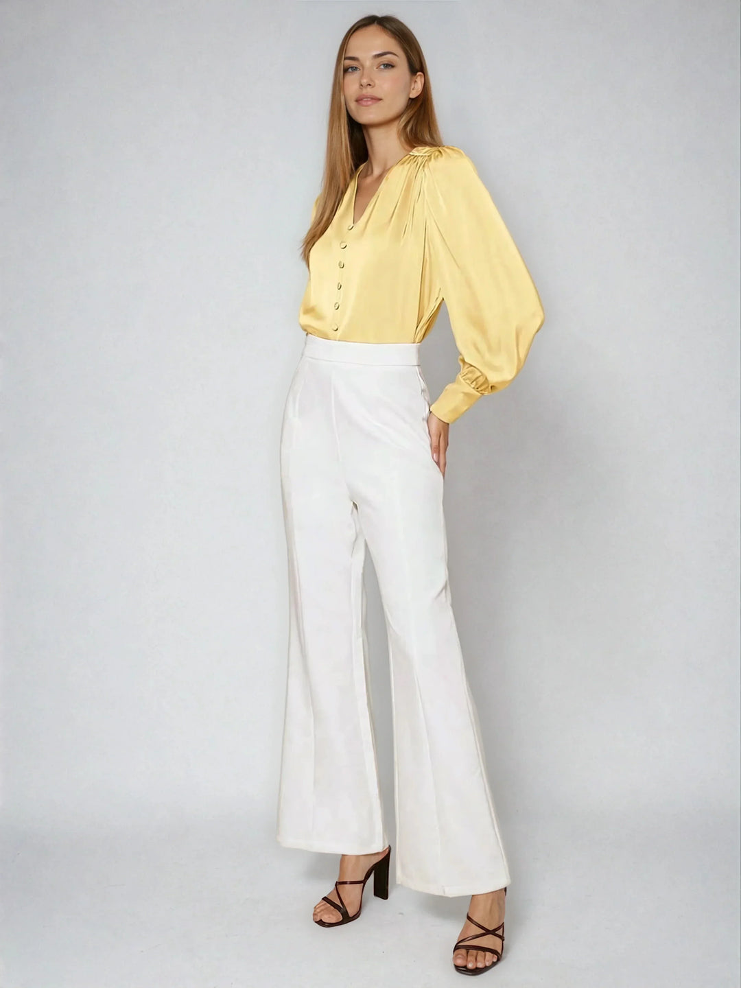 Satin V Neck Bubble Sleeve Blouse For Elegant Style