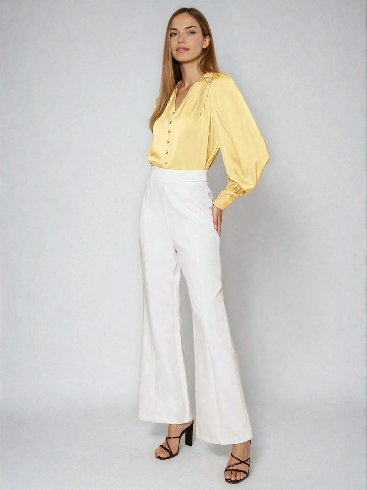 Satin V Neck Bubble Sleeve Blouse For Elegant Style