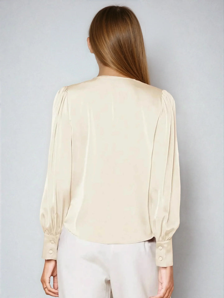 Satin V Neck Bubble Sleeve Blouse For Elegant Style