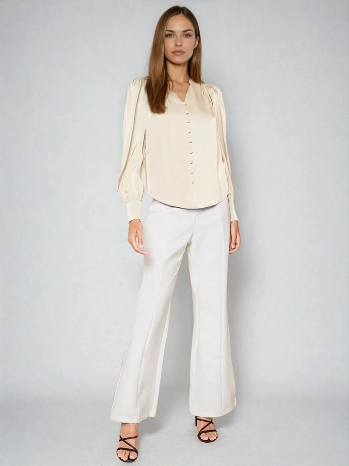 Satin V Neck Bubble Sleeve Blouse For Elegant Style