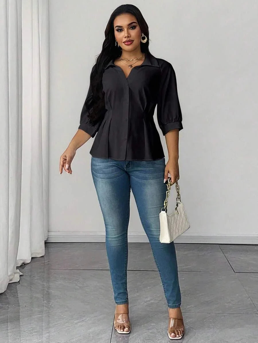 Plus Size Collared Blouse With Ruched Waist Elegant Fit