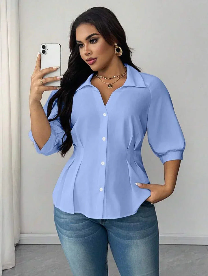 Plus Size Collared Blouse With Ruched Waist Elegant Fit