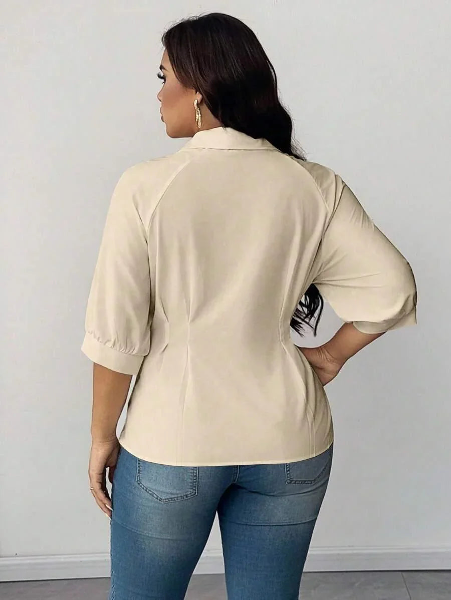 Plus Size Collared Blouse With Ruched Waist Elegant Fit