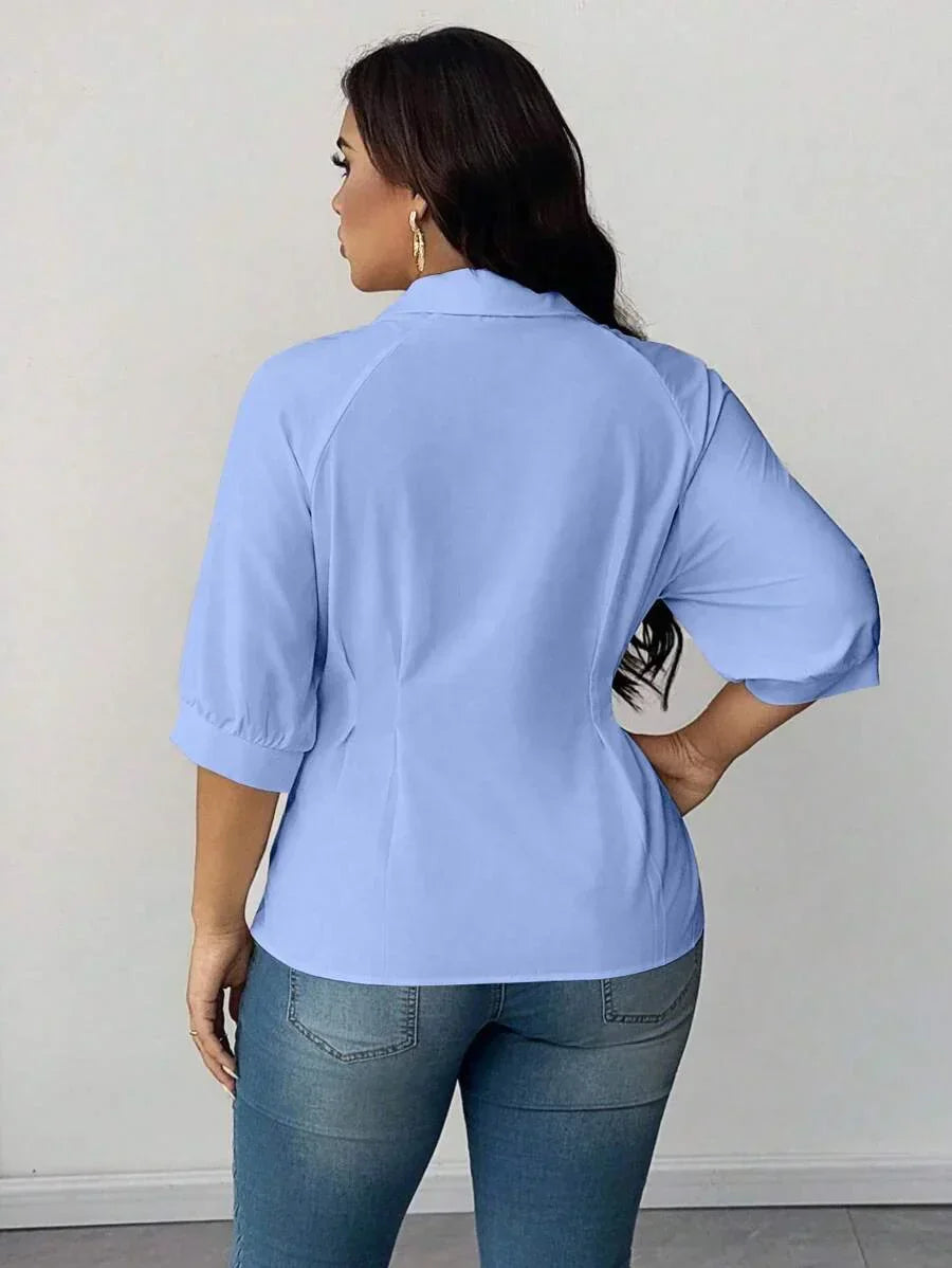 Plus Size Collared Blouse With Ruched Waist Elegant Fit