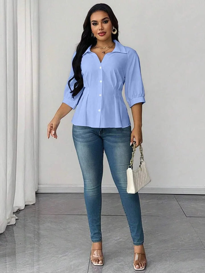 Plus Size Collared Blouse With Ruched Waist Elegant Fit