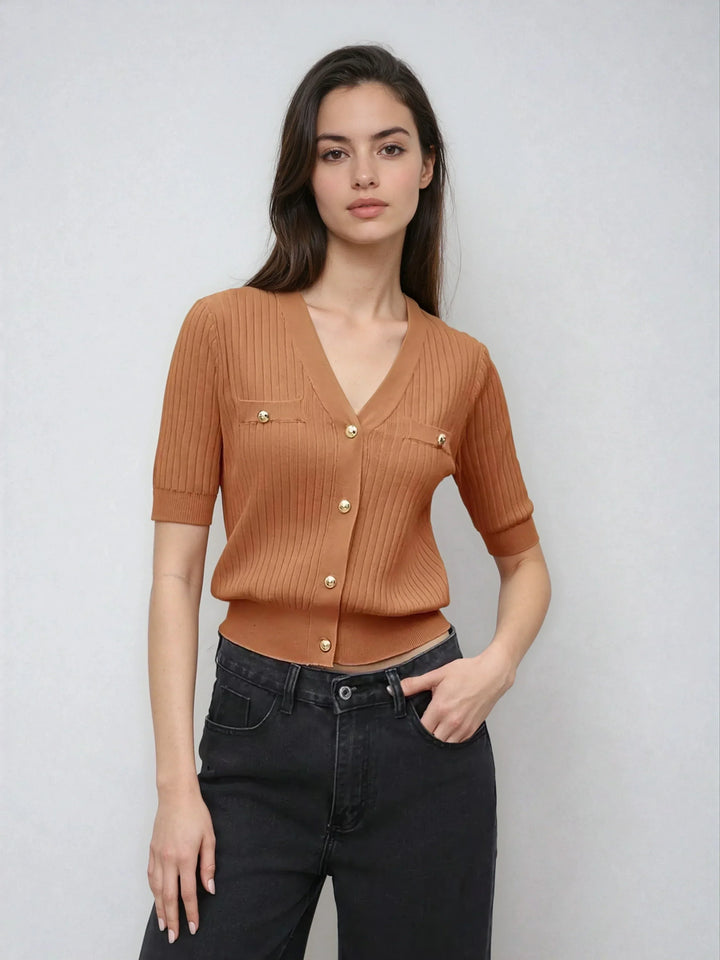 Chic V Neck Knit Sweater With Button Front Short Sleeve