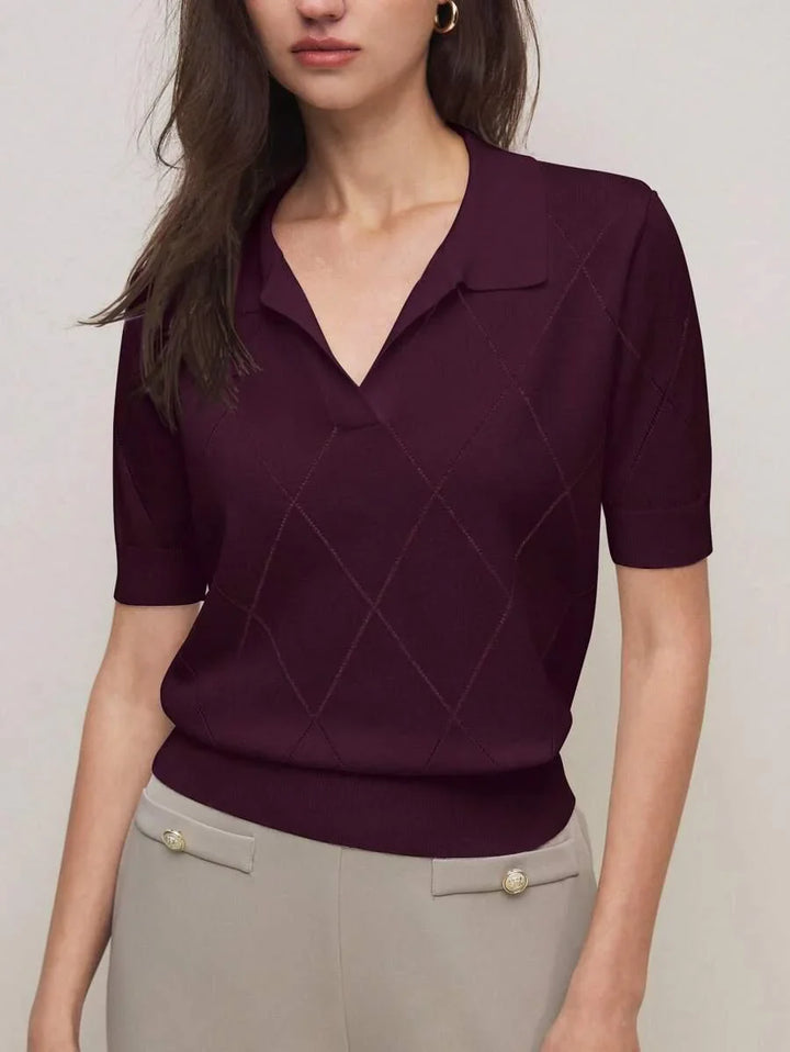 Diamond Knit Polo Collar Short Sleeve Pullover Soft Casual
