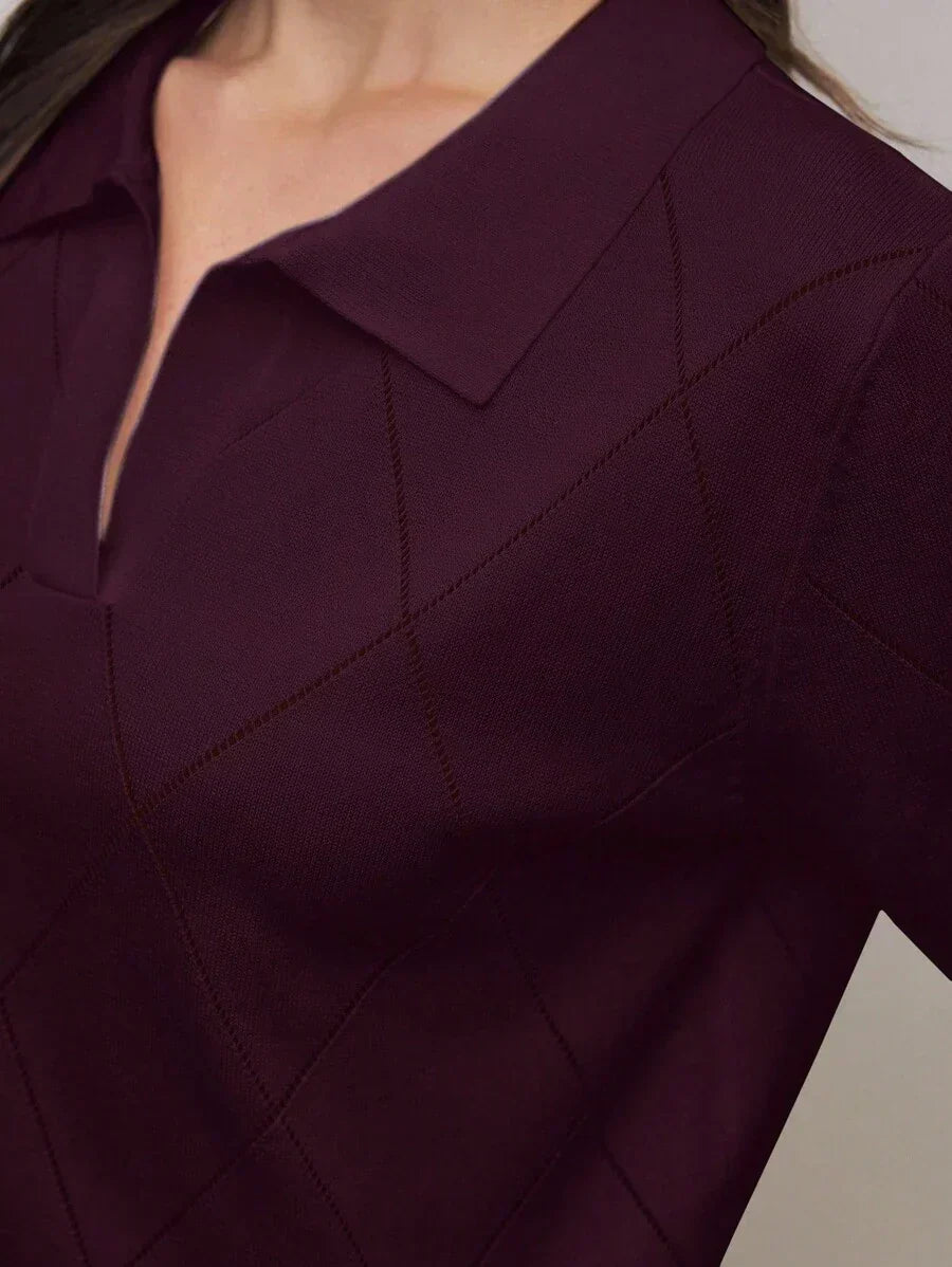 Diamond Knit Polo Collar Short Sleeve Pullover Soft Casual