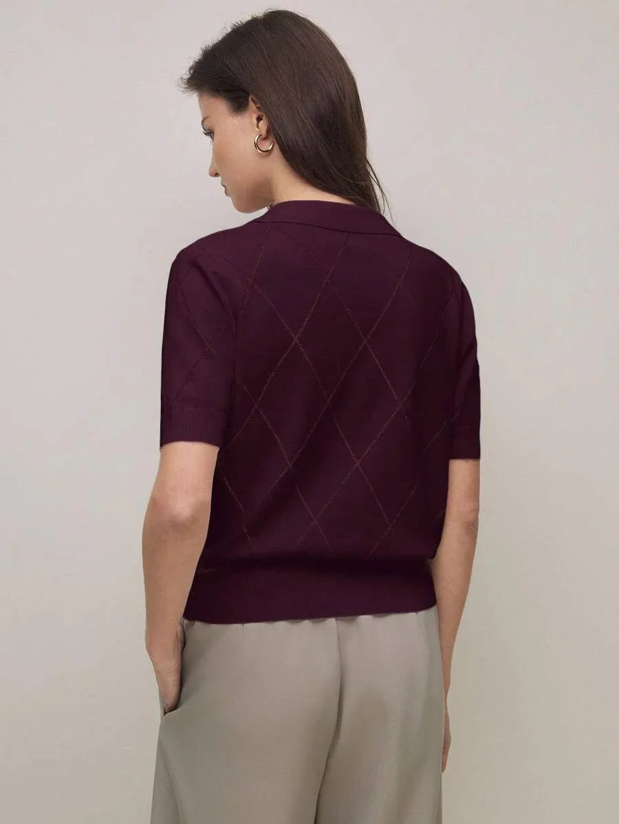 Diamond Knit Polo Collar Short Sleeve Pullover Soft Casual