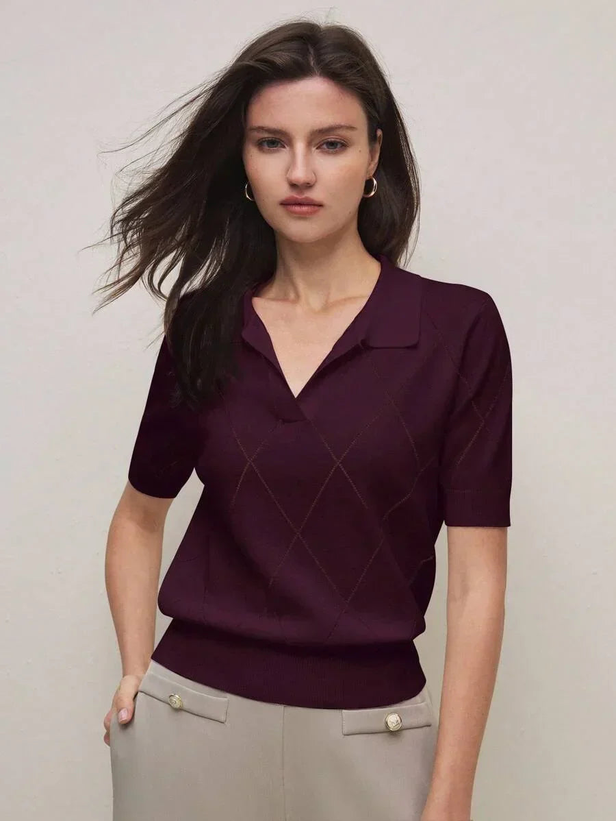 Diamond Knit Polo Collar Short Sleeve Pullover Soft Casual